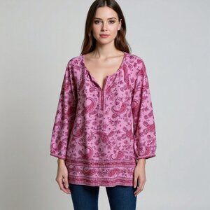 New Pure J Jill Split Neck Border Printed Floral Peasant Top Pink Paisley XLT